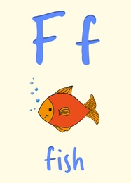 Learning English alphabet. Card with letter F and fish, illustration