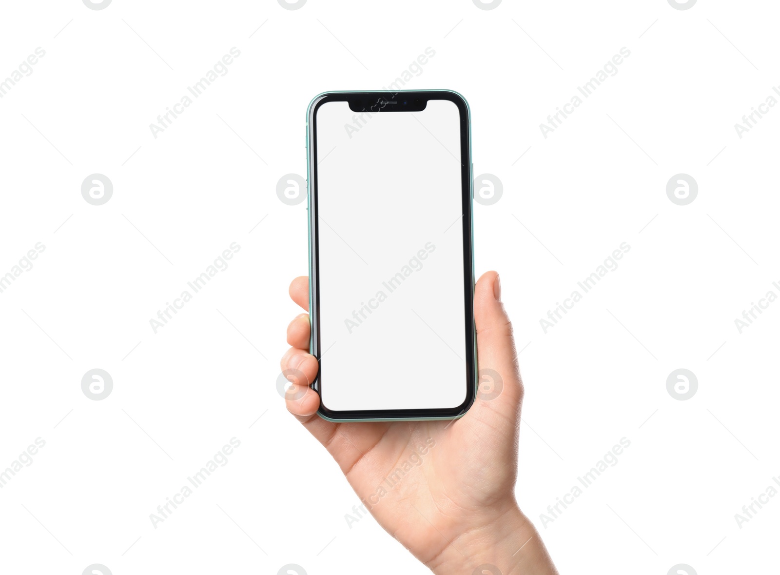 Photo of MYKOLAIV, UKRAINE - JULY 07, 2020: Woman holding iPhone 11 on white background, closeup. Mockup for design