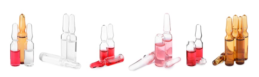 Image of Set with different glass ampoules with pharmaceutical products on white background. Banner design