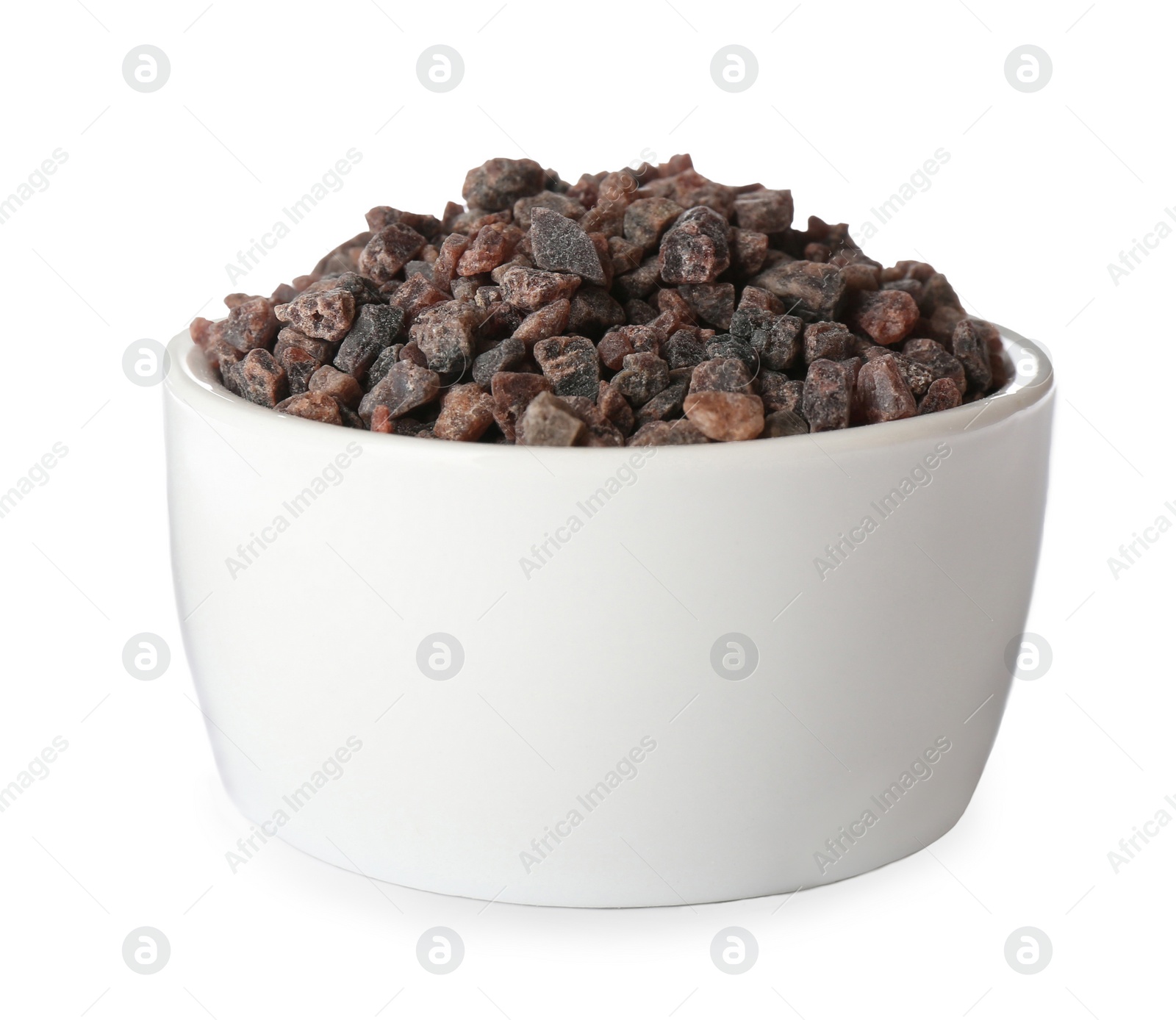 Photo of Bowl of Himalayan black salt isolated on white