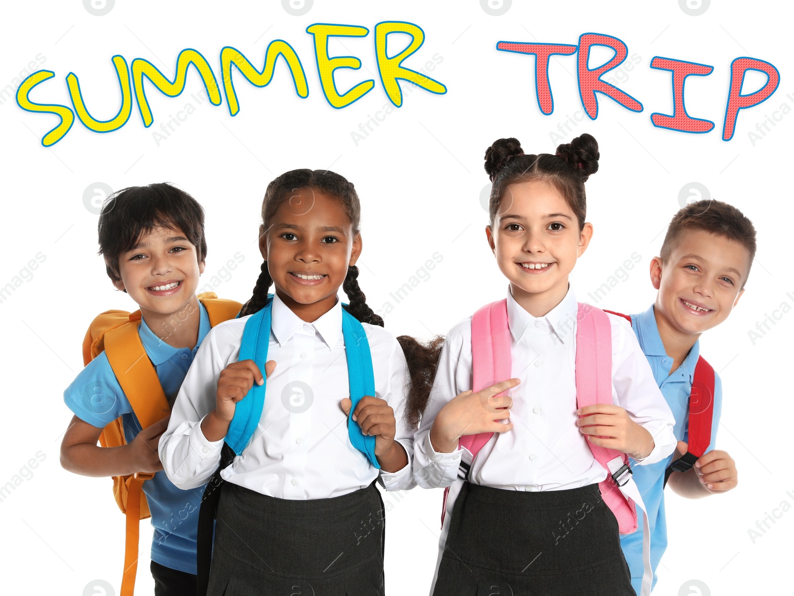 Image of Happy children in school uniform on white background. Summer trip