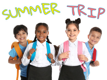 Image of Happy children in school uniform on white background. Summer trip