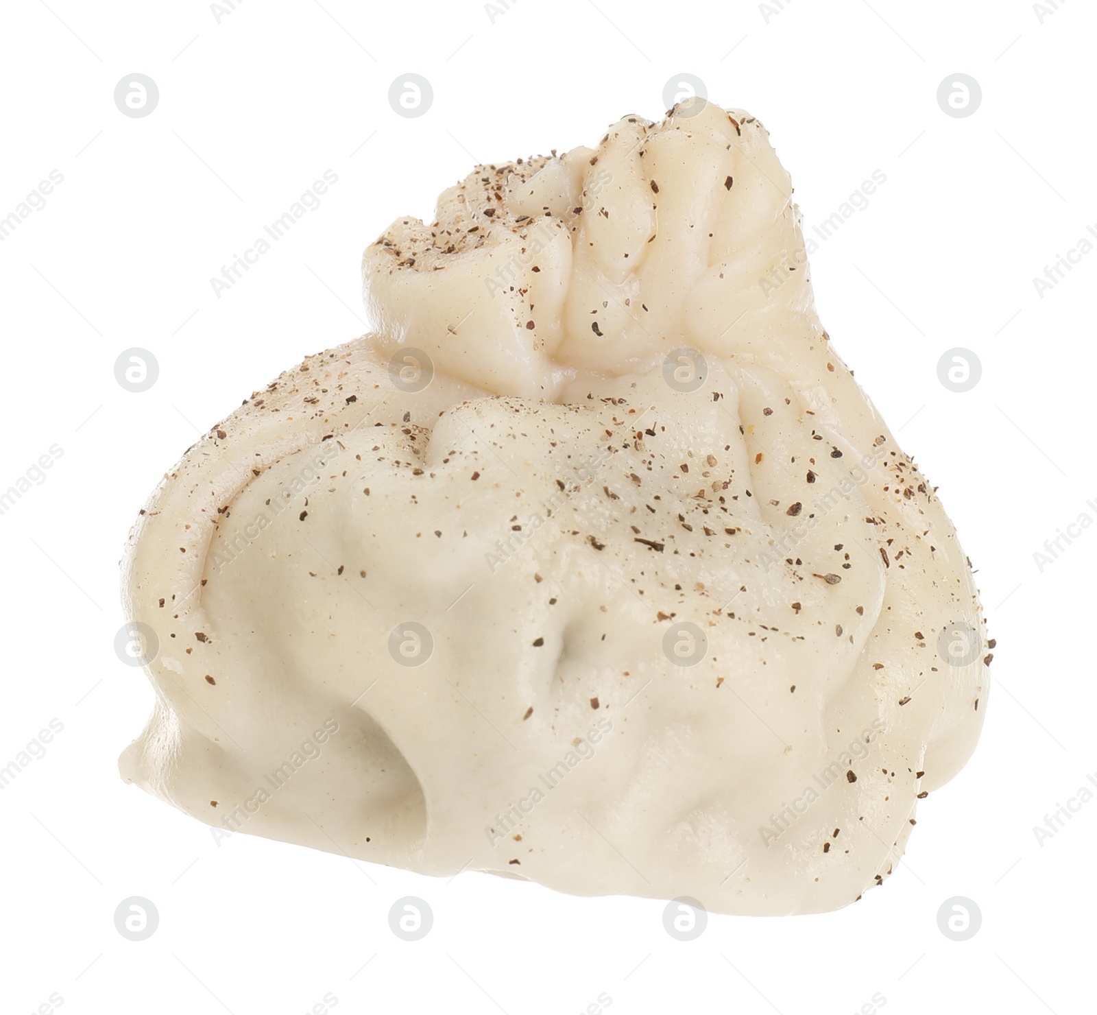 Photo of One tasty khinkali (dumpling) with spices isolated on white. Georgian cuisine