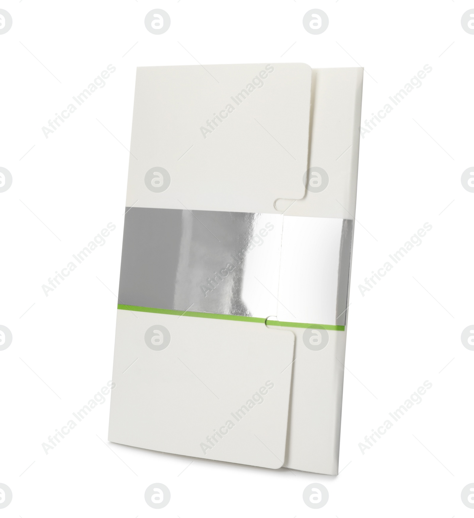 Photo of Package of facial oil blotting tissues isolated on white. Mattifying wipes