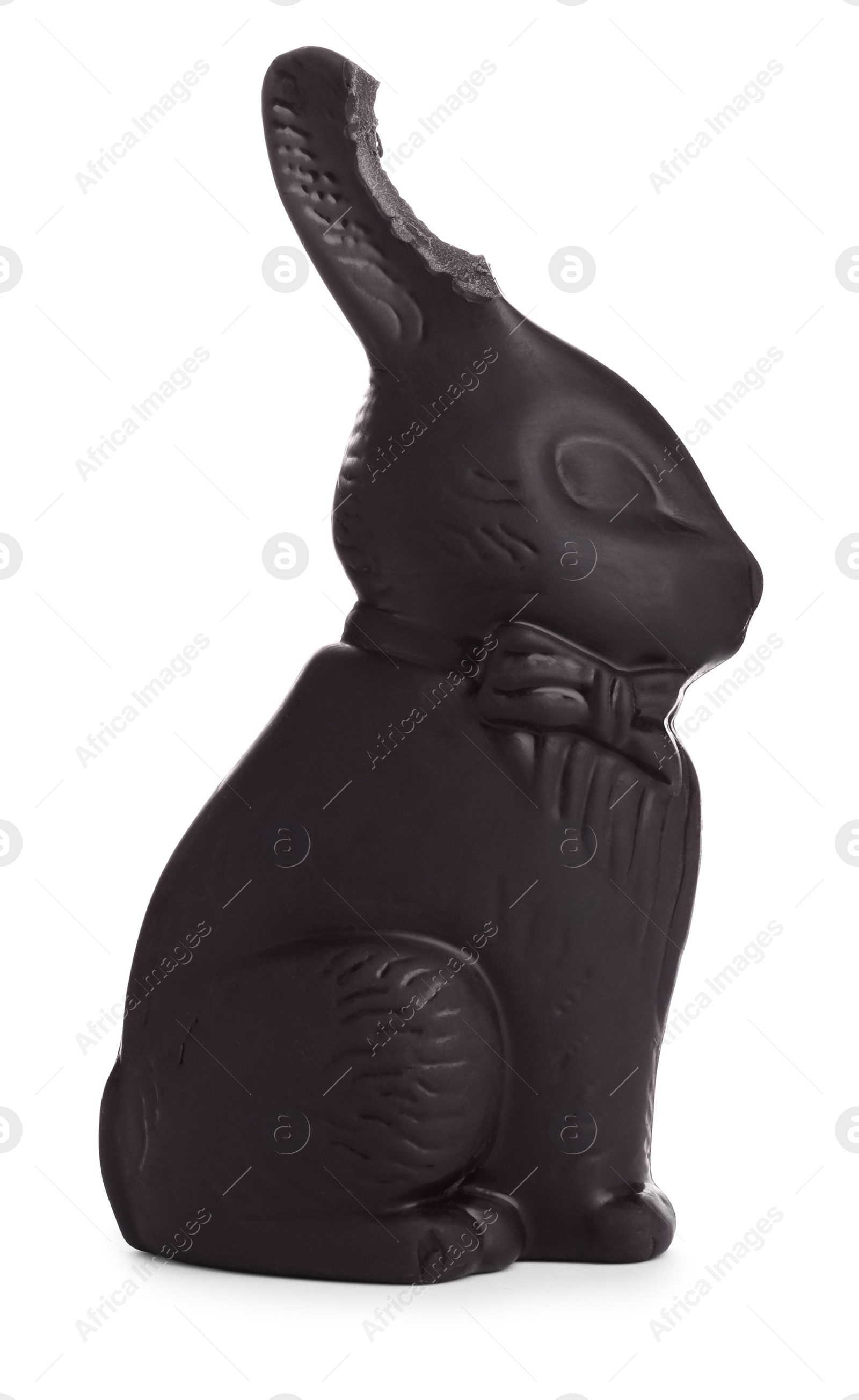 Photo of Dark chocolate Easter bunny with bite mark isolated on white