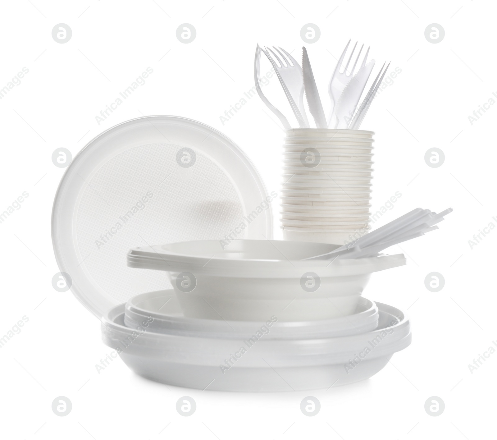 Photo of Plastic dishware isolated on white. Picnic table setting