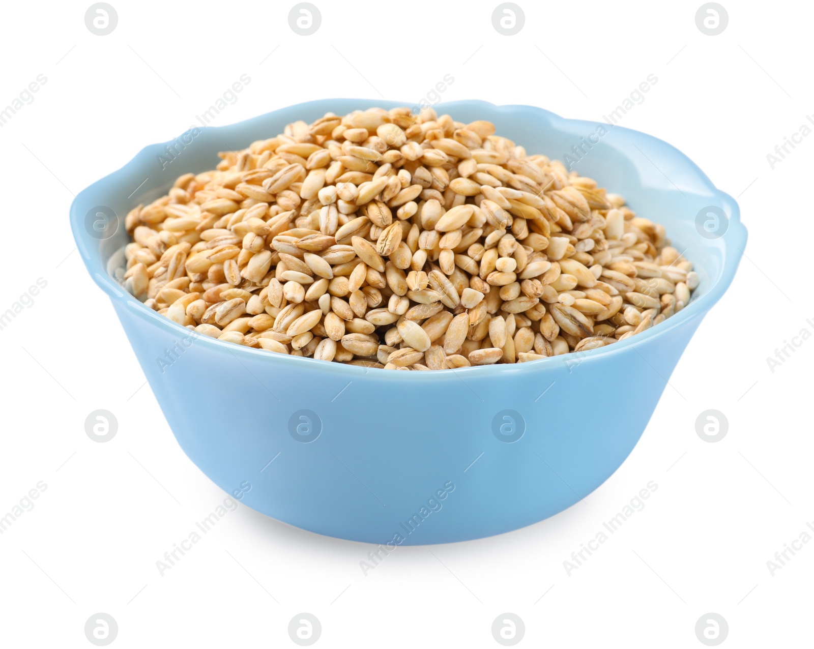 Photo of Dry pearl barley in bowl isolated on white