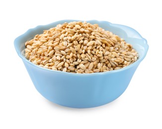 Dry pearl barley in bowl isolated on white