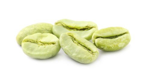 Pile of green coffee beans on white background