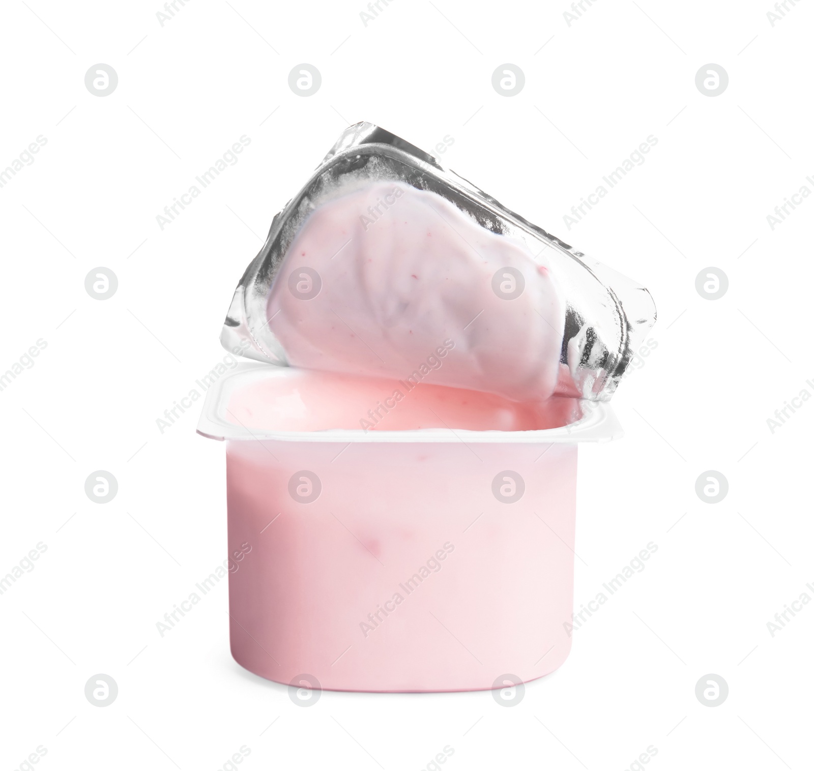 Photo of Tasty organic yogurt in plastic cup isolated on white