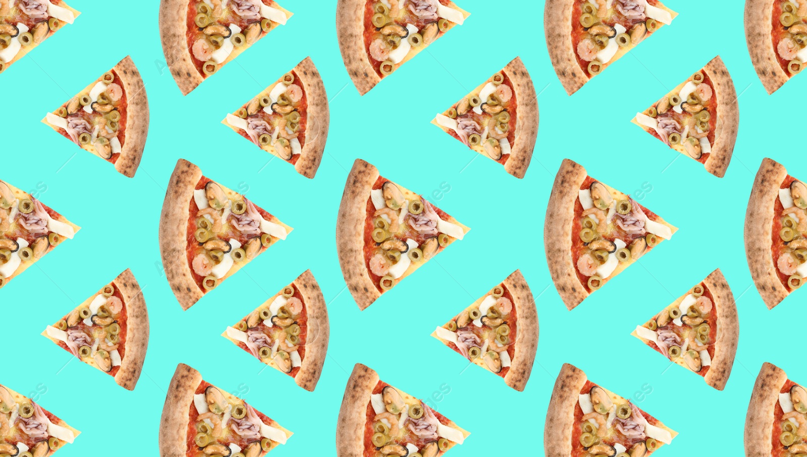 Image of Seafood pizza slices on light blue background. Pattern design 