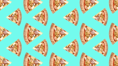 Image of Seafood pizza slices on light blue background. Pattern design 