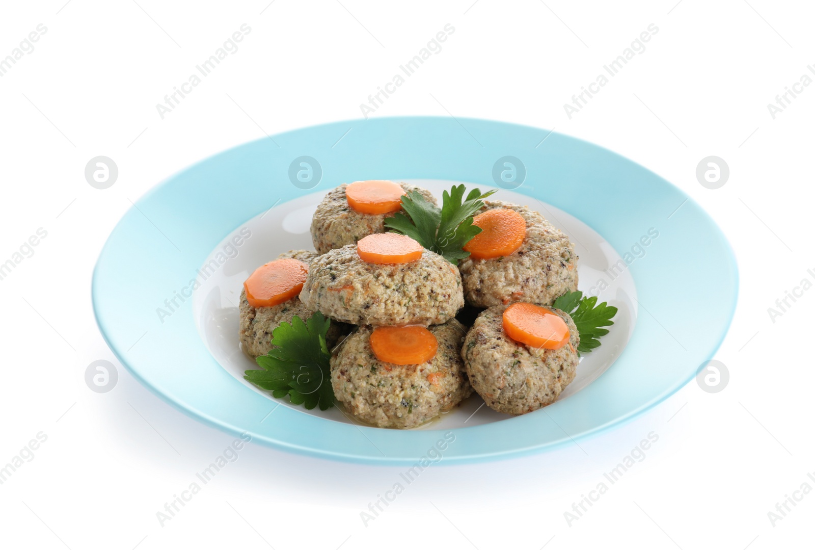 Photo of Plate of traditional Passover (Pesach) gefilte fish isolated on white