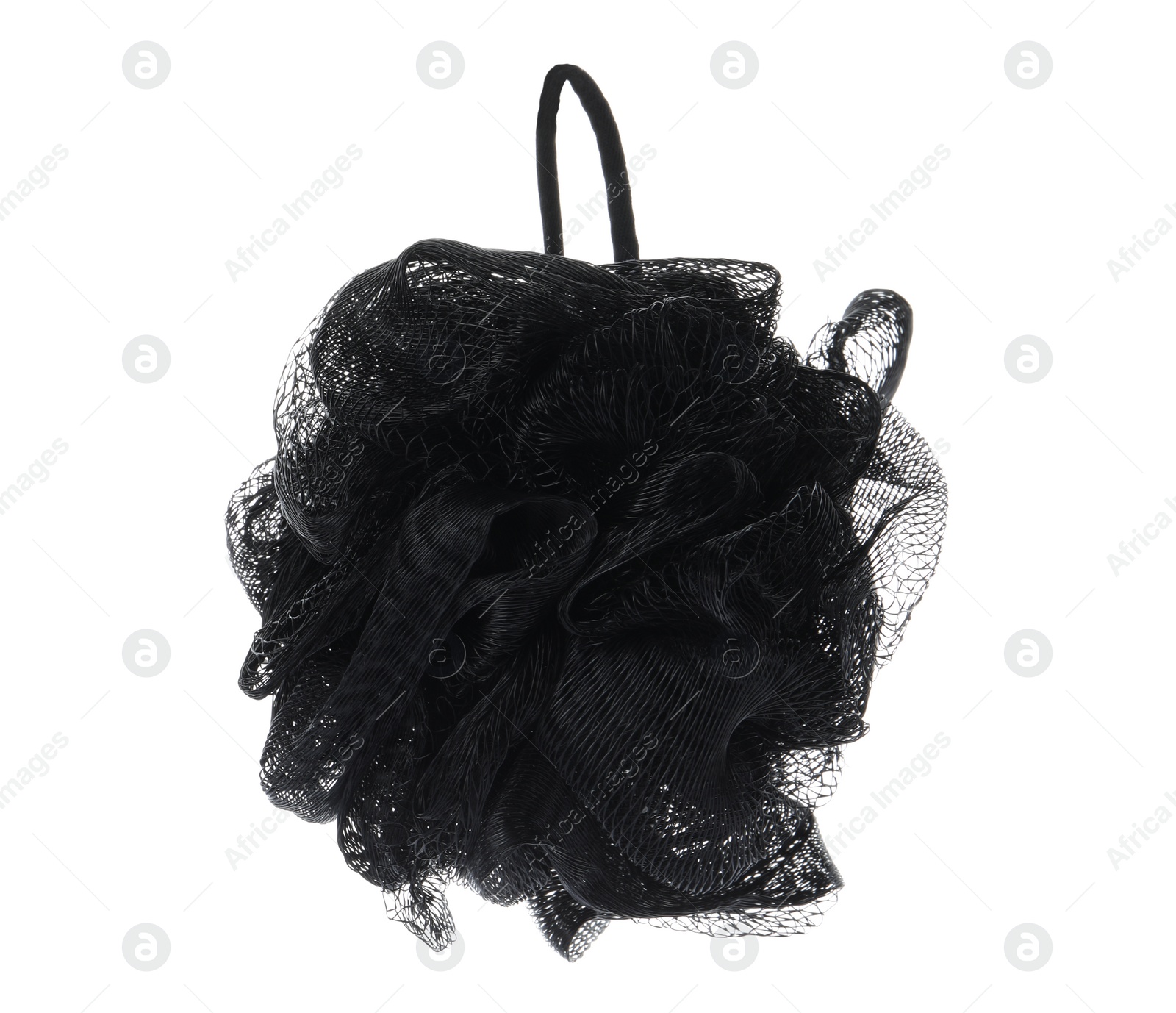 Photo of New black shower puff isolated on white