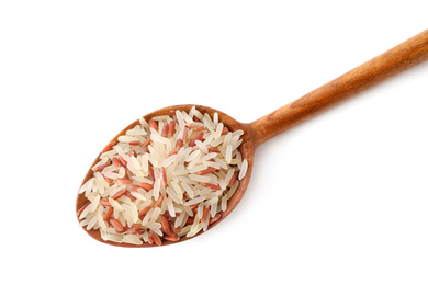 Photo of Mix of brown and polished rice in spoon isolated on white, top view