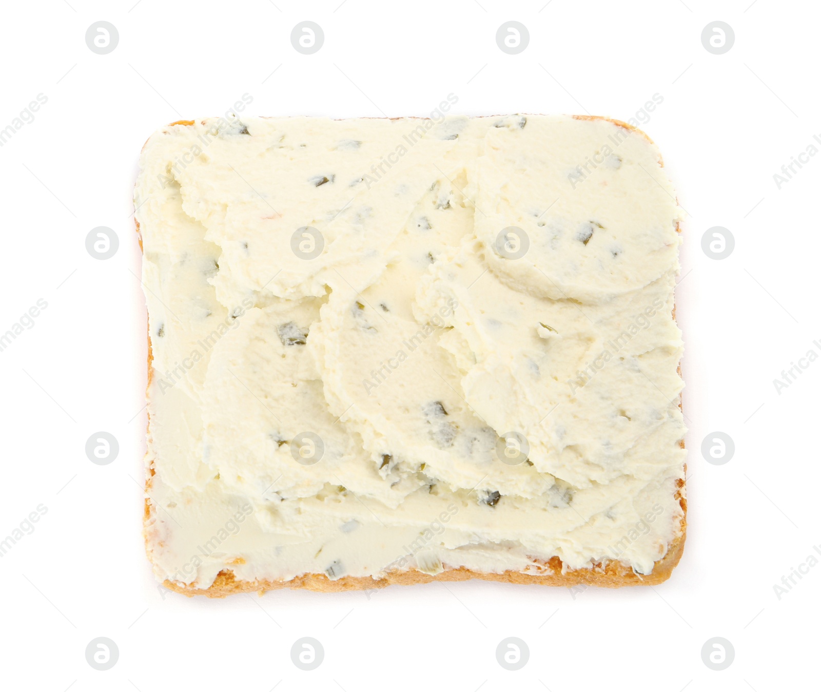 Photo of Delicious sandwich with cream cheese isolated on white, top view