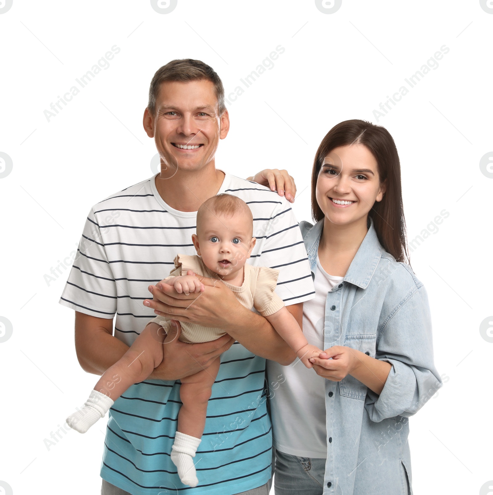 Photo of Portrait of happy family with their cute baby on white background