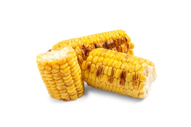 Tasty grilled corn cobs on white background