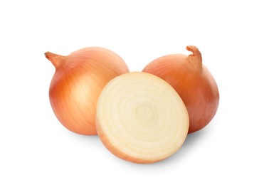 Photo of Whole and cut onions on white background