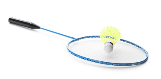 Badminton racket and shuttlecock on white background