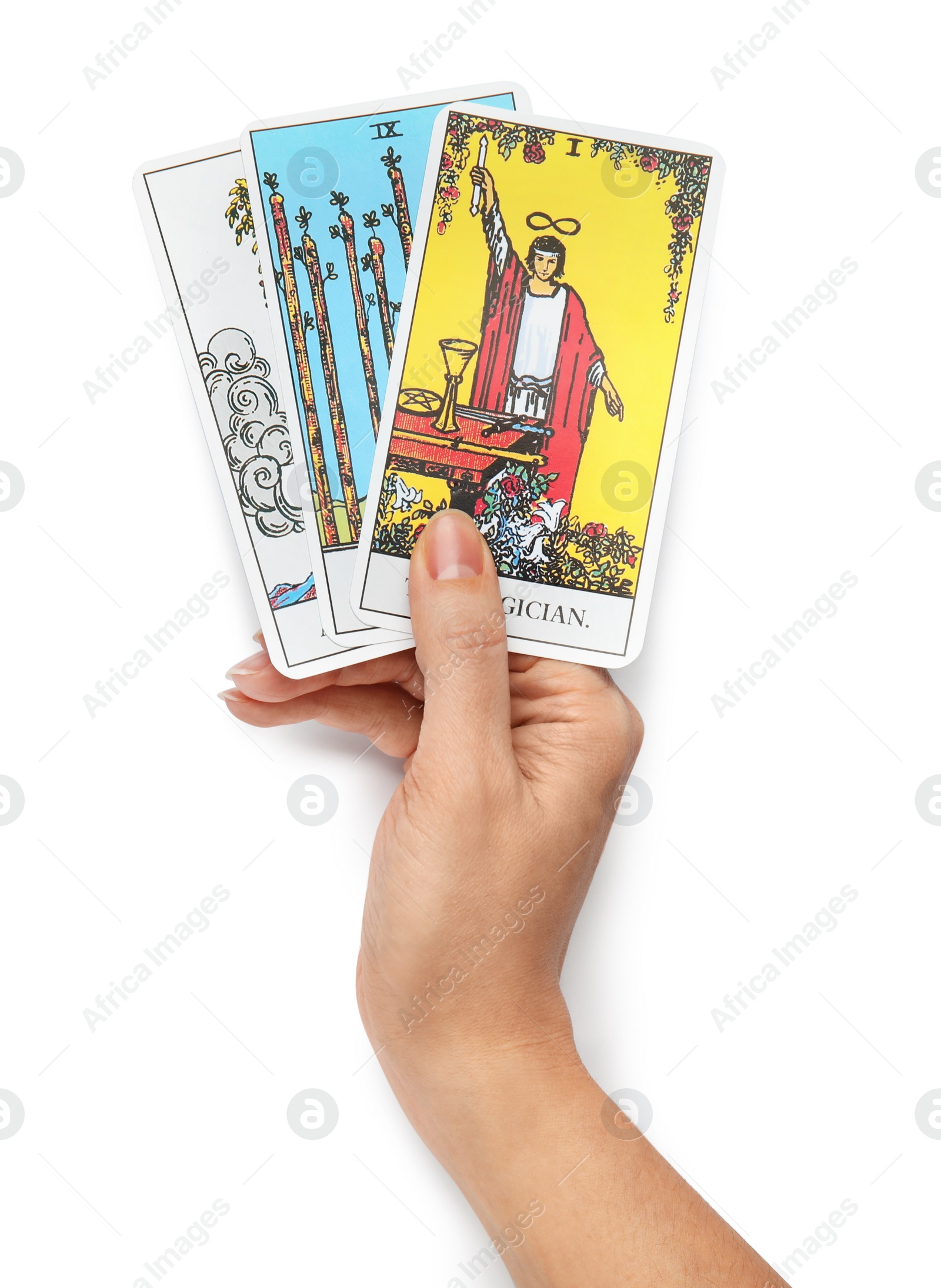 Photo of Woman with tarot cards on white background, top view