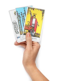 Woman with tarot cards on white background, top view