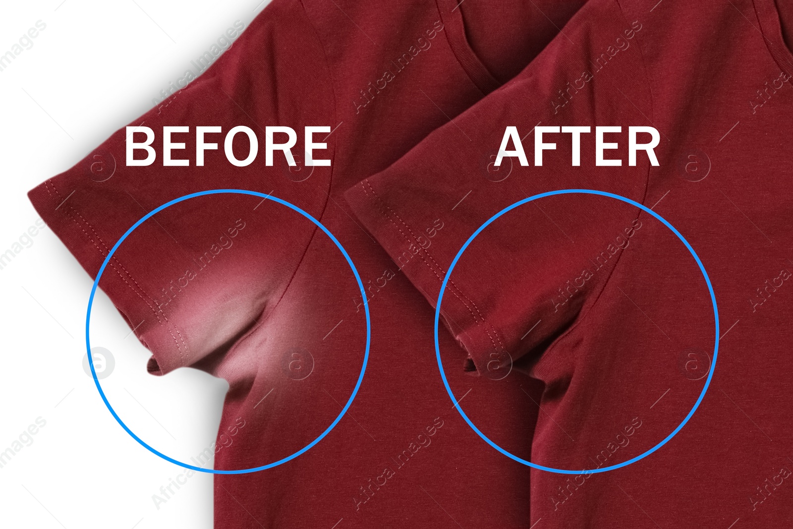 Image of Dark red t-shirts before and after using deodorant on white background