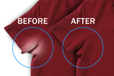 Dark red t-shirts before and after using deodorant on white background
