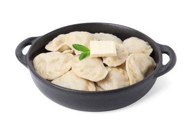 Photo of Serving pan with delicious dumplings (varenyky) isolated on white