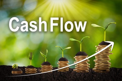 Image of Cash Flow concept. Illustration of upward arrow and stacked coins with green seedlings on ground