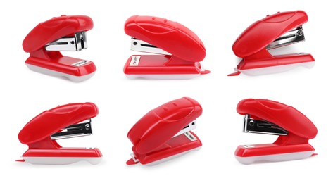 Image of Red stapler isolated on white, different sides