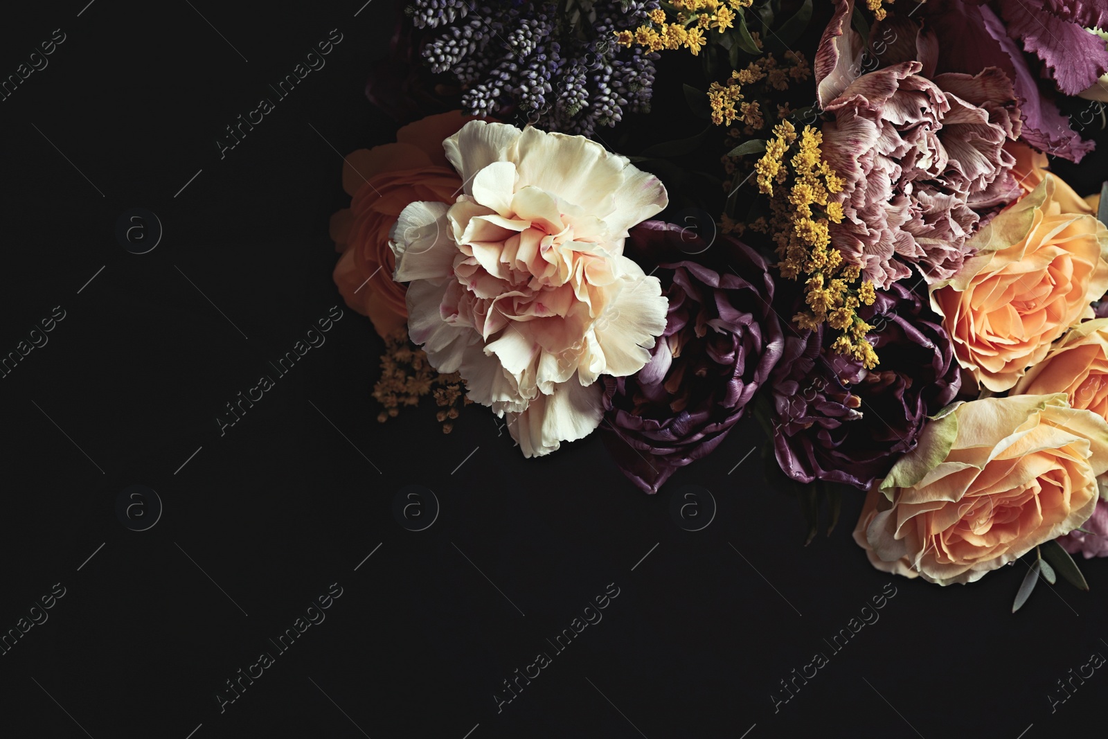 Photo of Beautiful bouquet of different flowers on black background, space for text. Floral card design with dark vintage effect