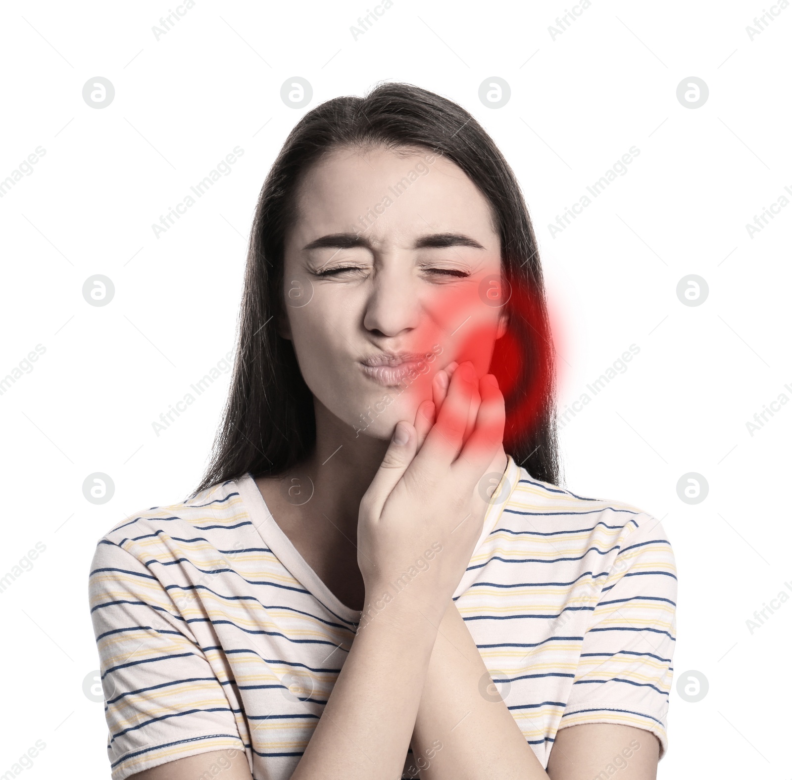 Image of Young woman suffering from toothache on white background