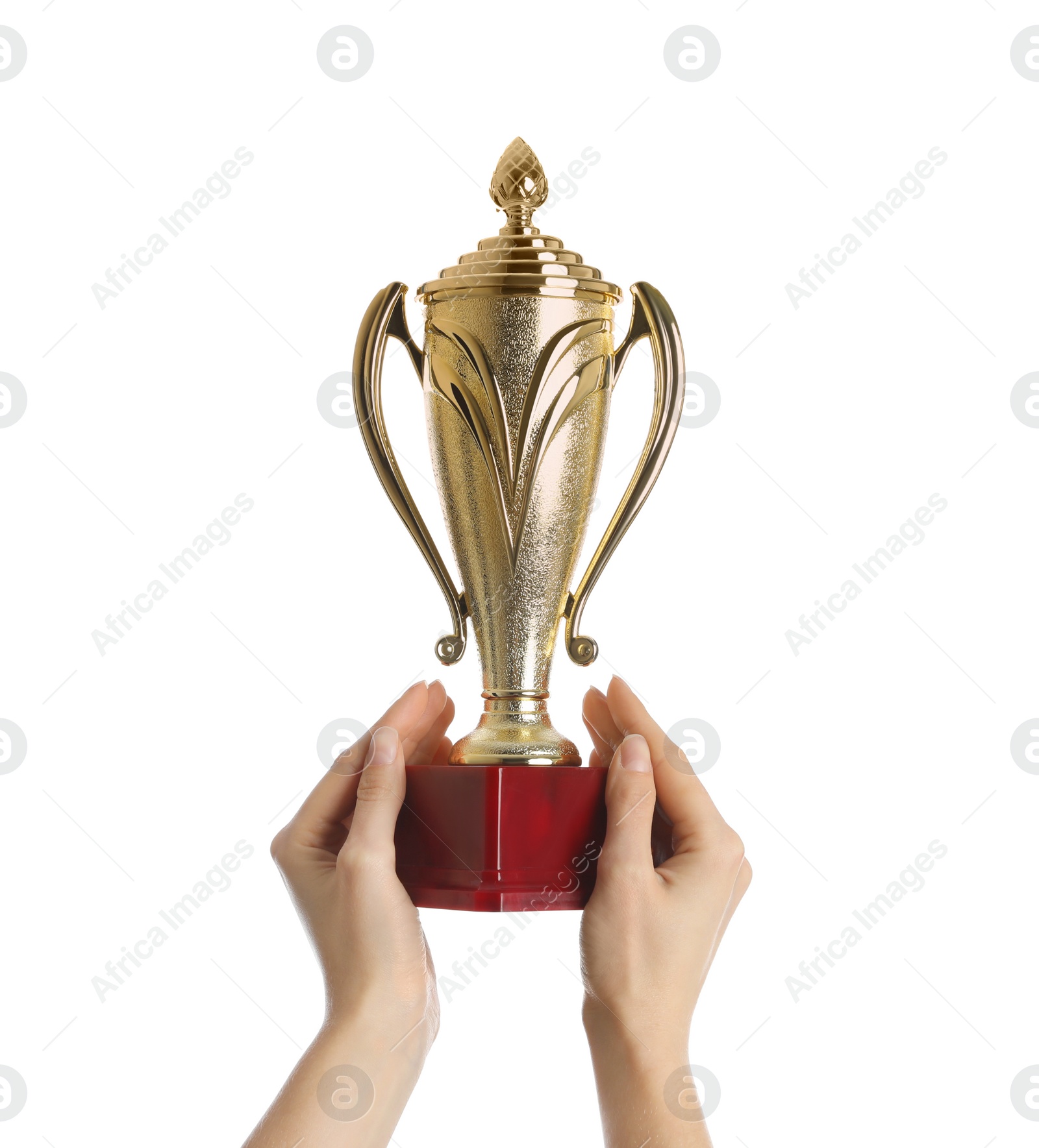 Photo of Woman holding gold trophy cup on white background, closeup