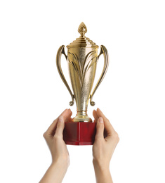 Woman holding gold trophy cup on white background, closeup