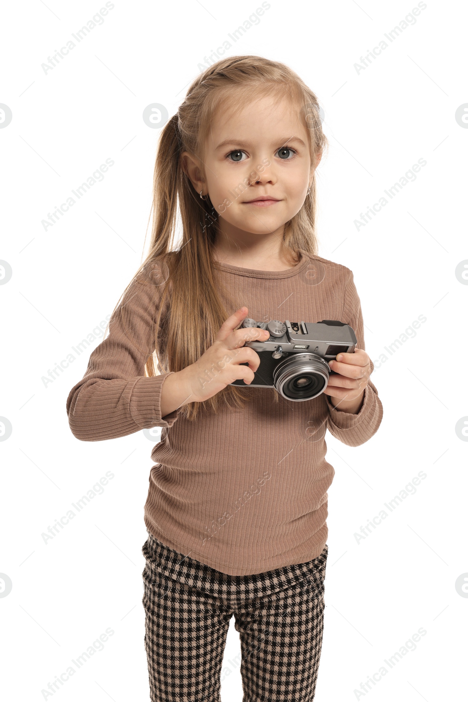 Photo of Fashion concept. Stylish girl with camera on white background