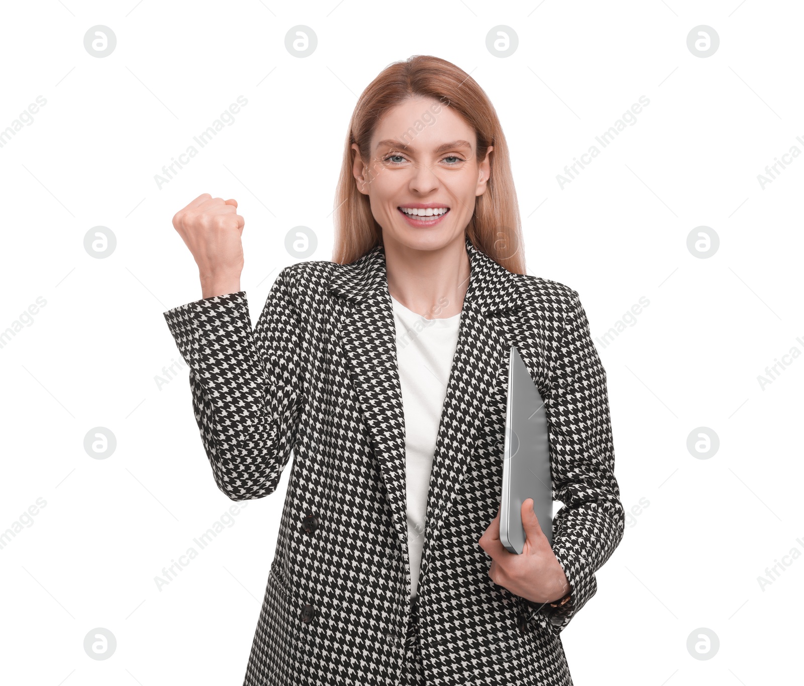 Photo of Beautiful happy businesswoman with laptop on white background