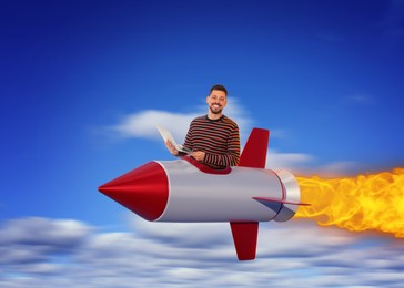 Rapid success. Happy man with laptop in rocket rushing through sky. Illustration of spaceship