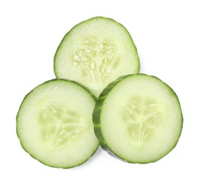 Slices of fresh cucumber isolated on white, top view