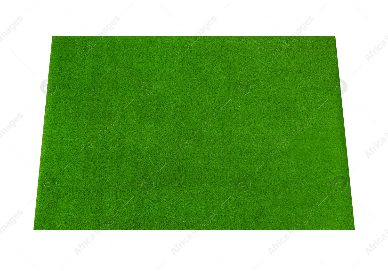 Photo of Green artificial grass carpet isolated on white, above view