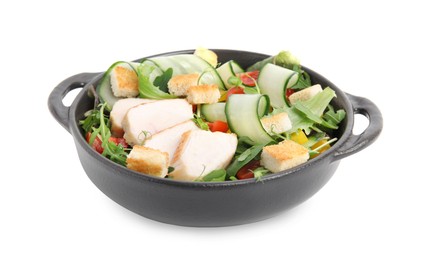 Delicious salad with croutons, chicken and vegetables isolated on white