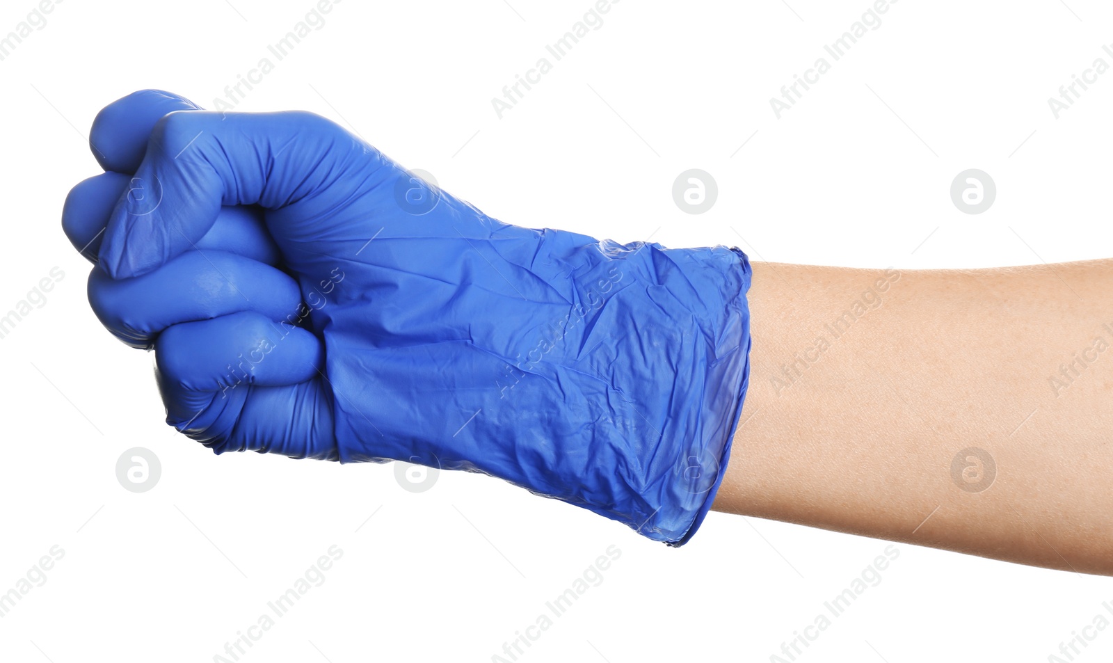 Photo of Woman in blue latex gloves showing fist on white background, closeup of hand