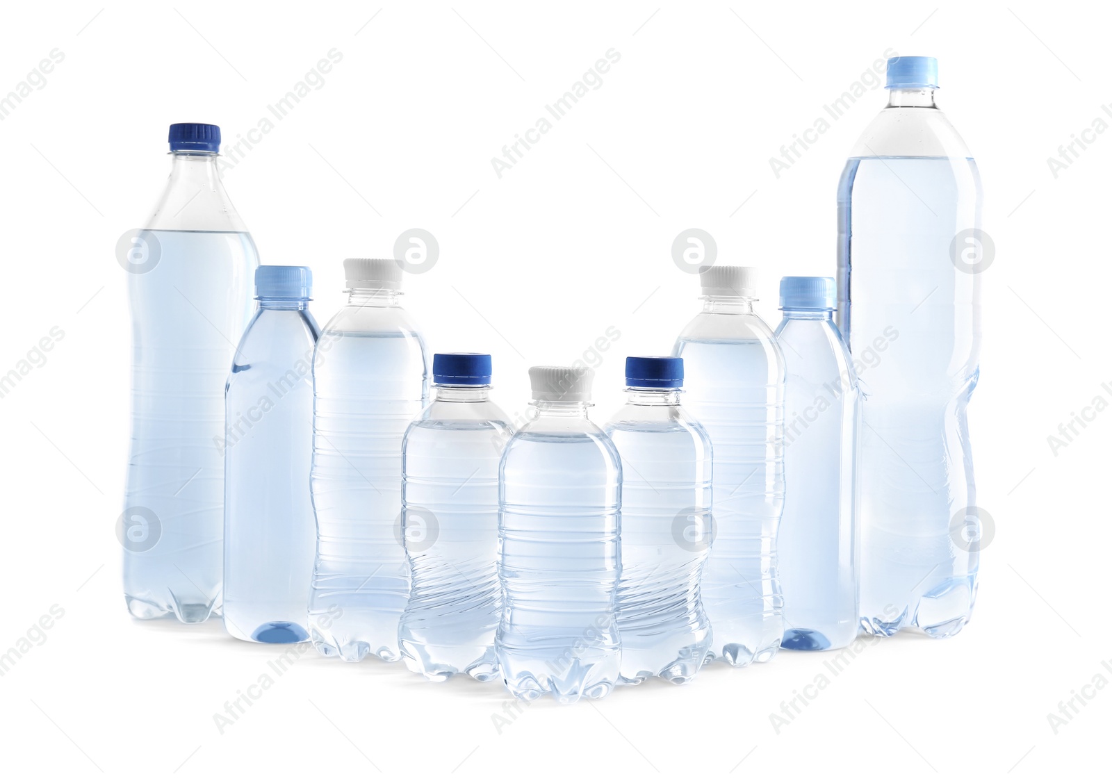 Photo of Set of different plastic bottles with water on white background