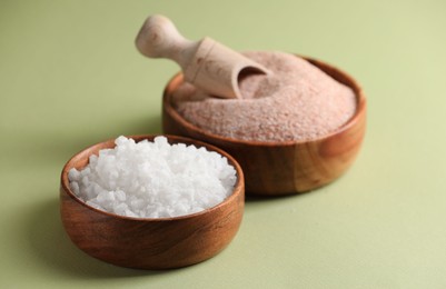 Photo of Different salt in bowls and scoop on green background