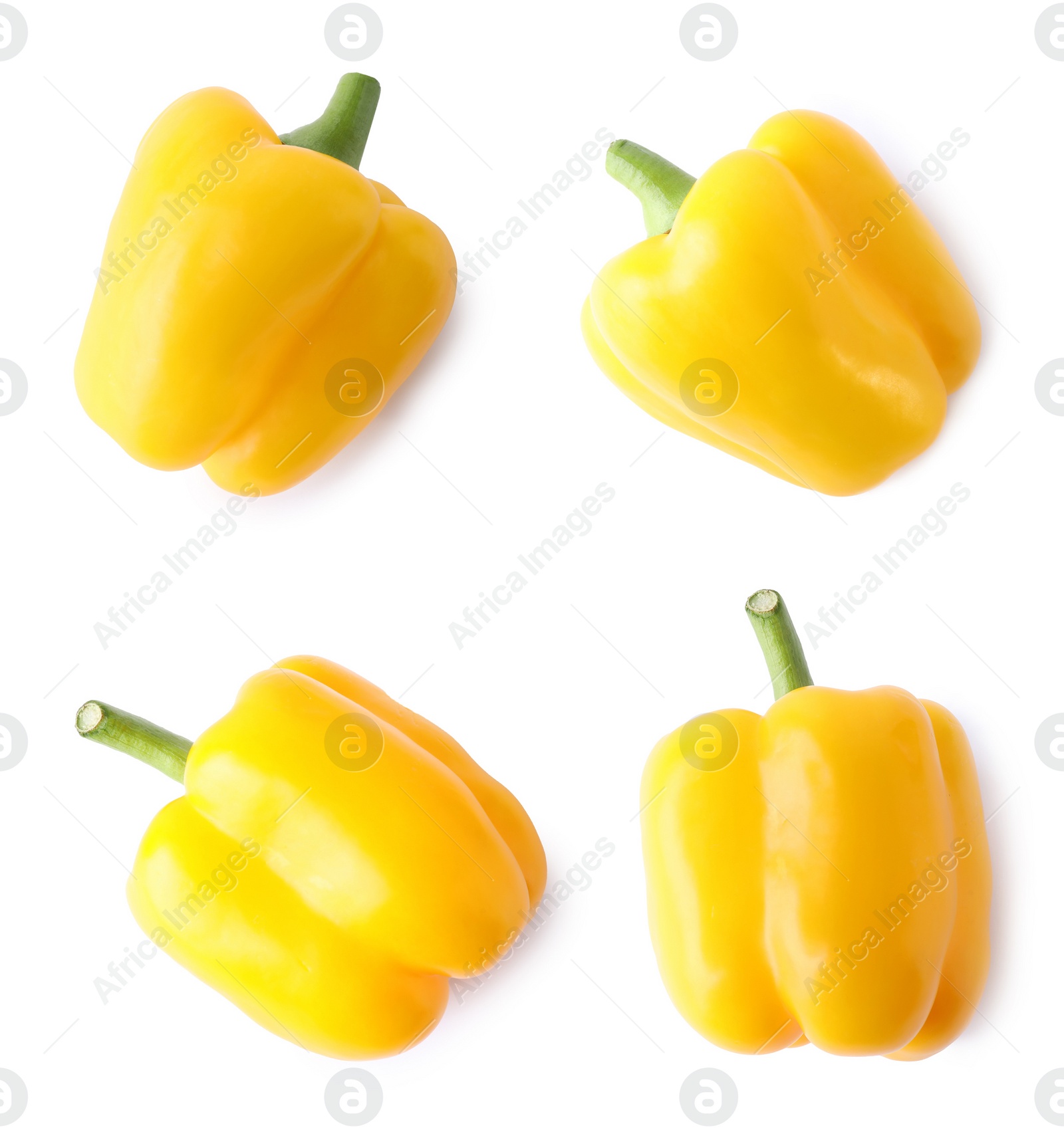 Image of Set of ripe yellow bell peppers on white background