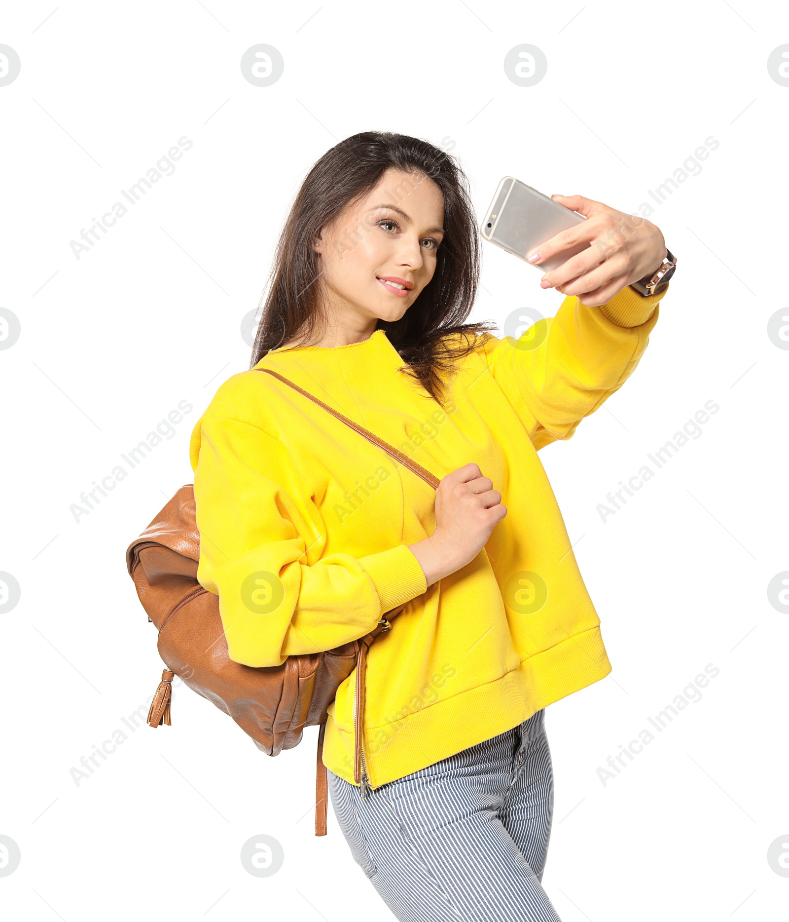 Photo of Attractive young woman taking selfie on white background