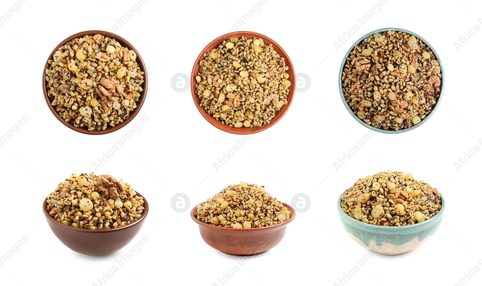 Image of Traditional Christmas slavic dish kutia in bowls on white background, collage