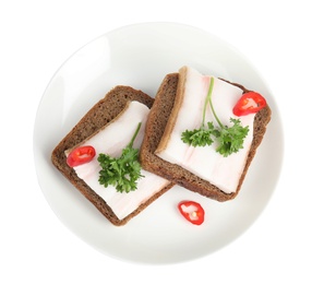 Plate with pork fatback sandwiches isolated on white, top view