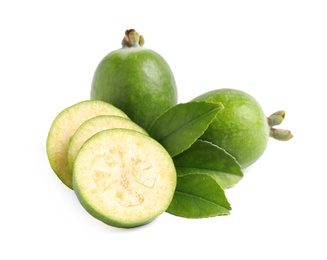 Photo of Whole and cut feijoa fruits on white background