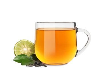 Photo of Glass cup of bergamot tea and fresh fruit on white background